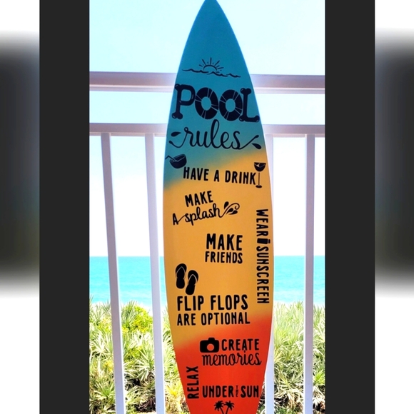 Pool rules on surfboard shaped wood of Blue, Yellow, Orange etc - Picture 1 of 2